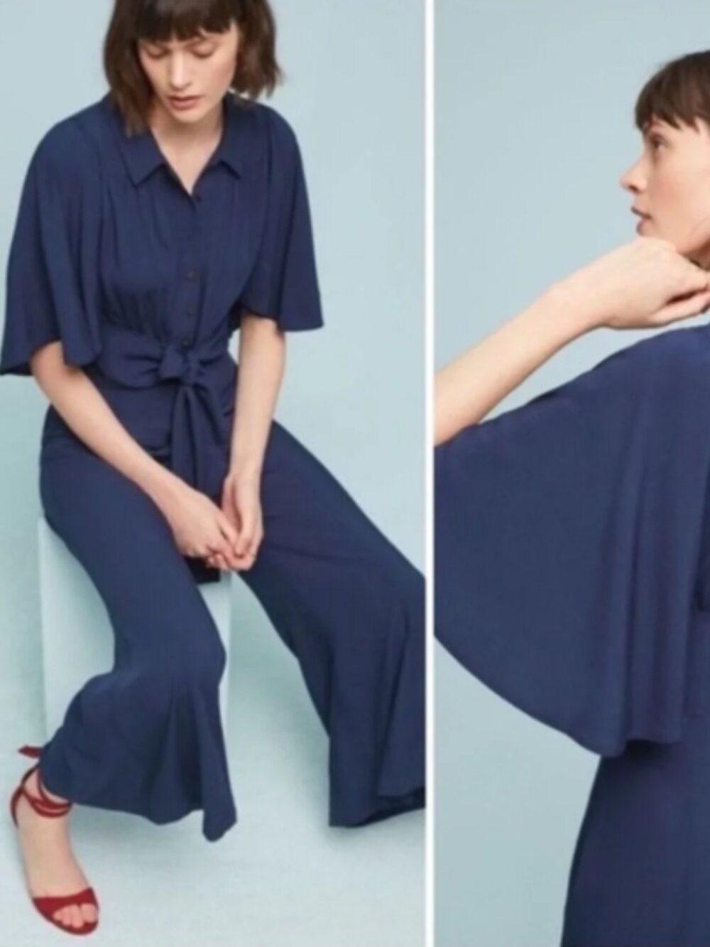 Maeve Anthropologie Navy Milly Cropped Flutter Sleeve Top and Pant Set